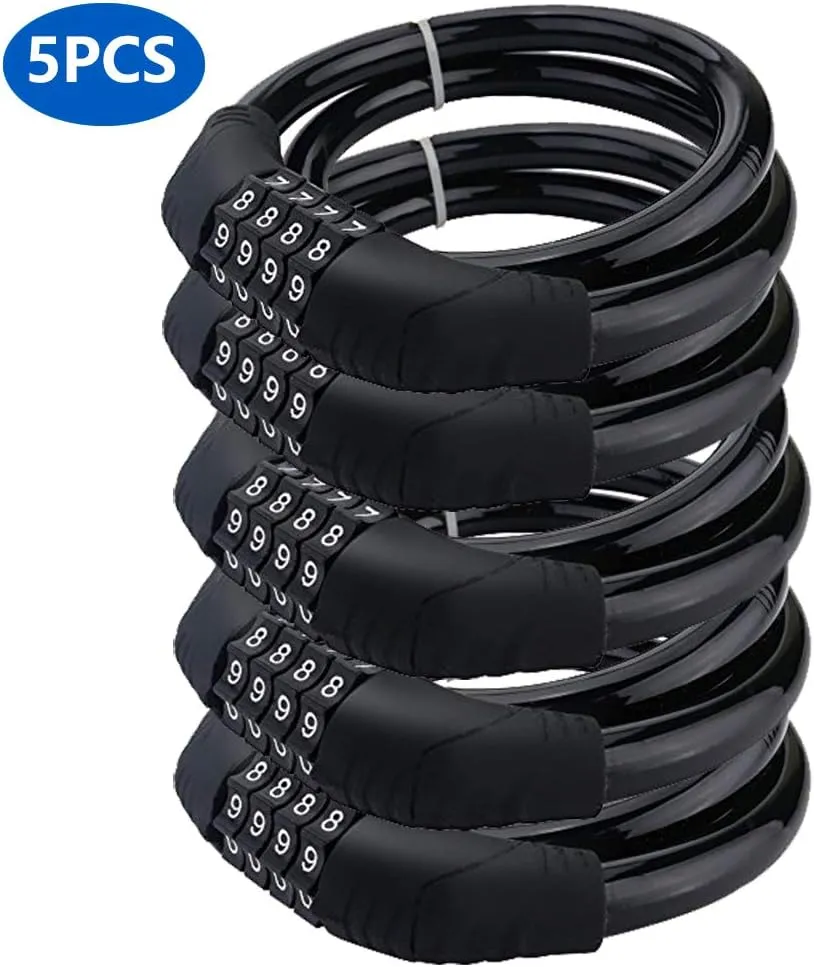 Security Bike Lock 4 Digit Resettable Combination Cable Lock for Bicycle without Mounting Bracket, 2 Feet x 1/2 Inch (5Pcs)