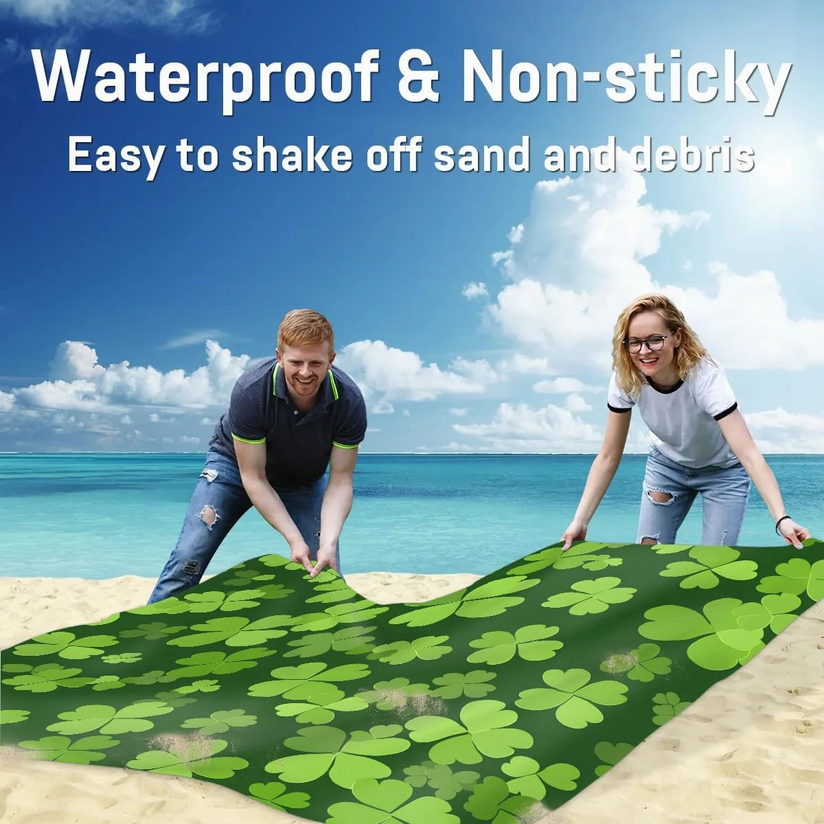 Shamrock St. Patrick's Day Beach Blanket, Sandproof Beach Mat, 68 x 59 Waterproof Quick Drying Sand Free Mat with 4 x Ground Spikes for Outdoor Travel Camping Hiking, Green Shamrock