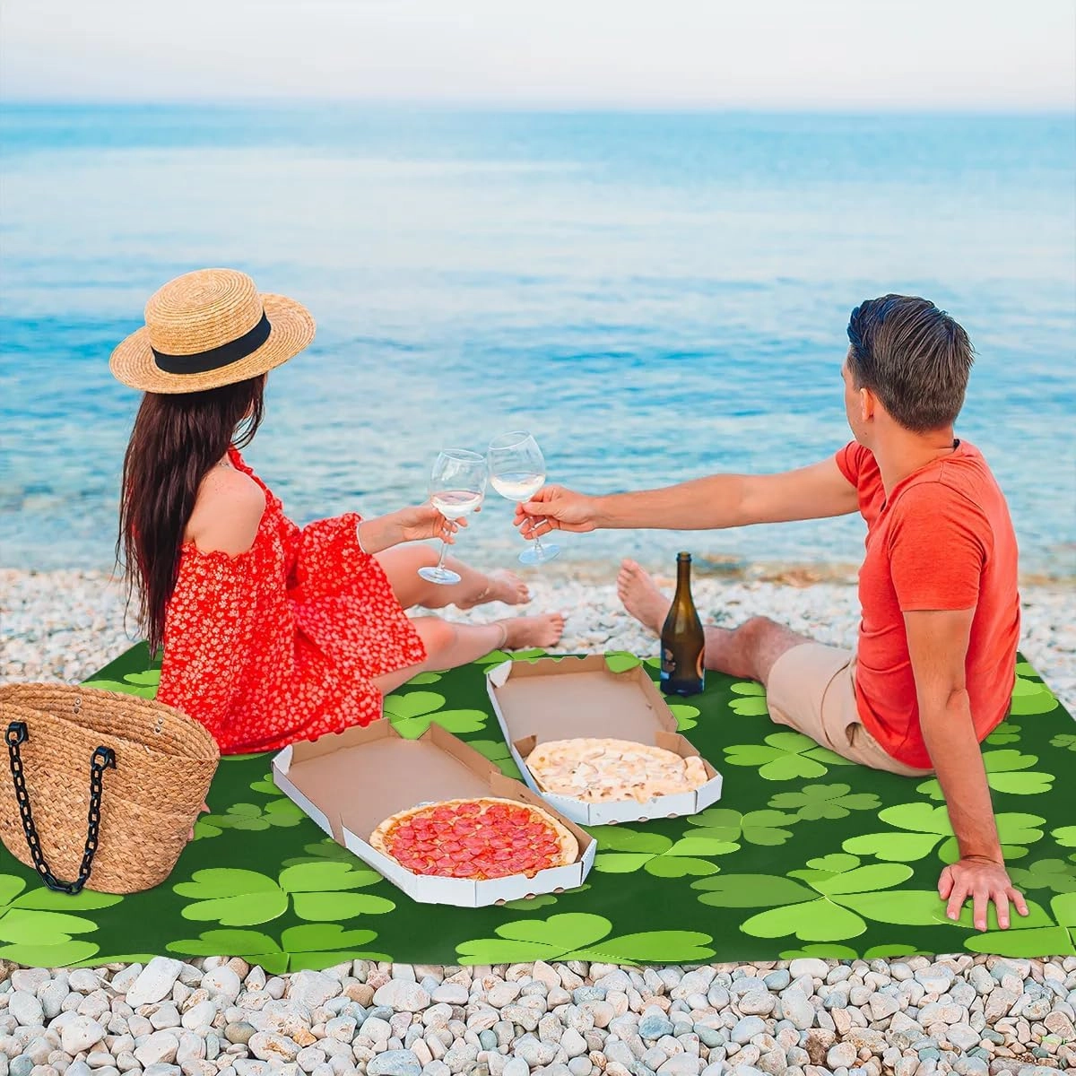 Shamrock St. Patrick's Day Beach Blanket, Sandproof Beach Mat, 68 x 59 Waterproof Quick Drying Sand Free Mat with 4 x Ground Spikes for Outdoor Travel Camping Hiking, Green Shamrock