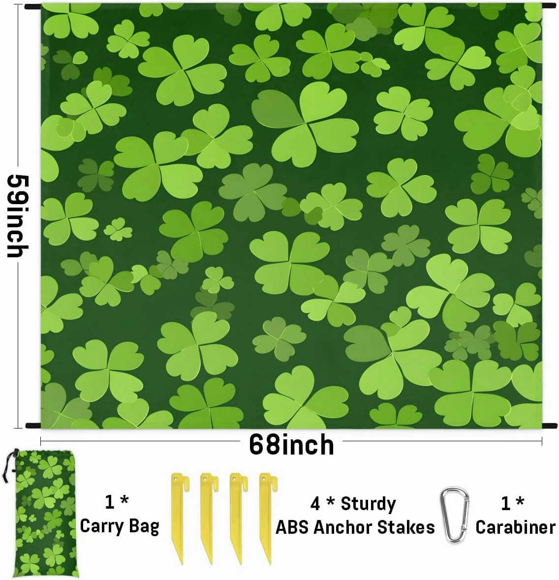 Shamrock St. Patrick's Day Beach Blanket, Sandproof Beach Mat, 68 x 59 Waterproof Quick Drying Sand Free Mat with 4 x Ground Spikes for Outdoor Travel Camping Hiking, Green Shamrock