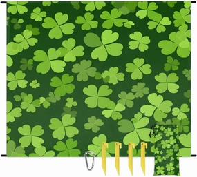 Shamrock St. Patrick's Day Beach Blanket, Sandproof Beach Mat, 68 x 59 Waterproof Quick Drying Sand Free Mat with 4 x Ground Spikes for Outdoor Travel Camping Hiking, Green Shamrock