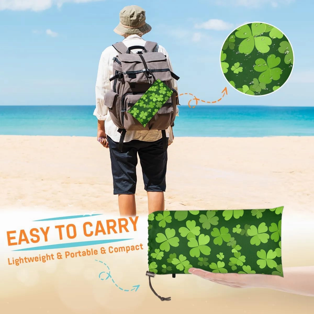 Shamrock St. Patrick's Day Beach Blanket, Sandproof Beach Mat, 68 x 59 Waterproof Quick Drying Sand Free Mat with 4 x Ground Spikes for Outdoor Travel Camping Hiking, Green Shamrock