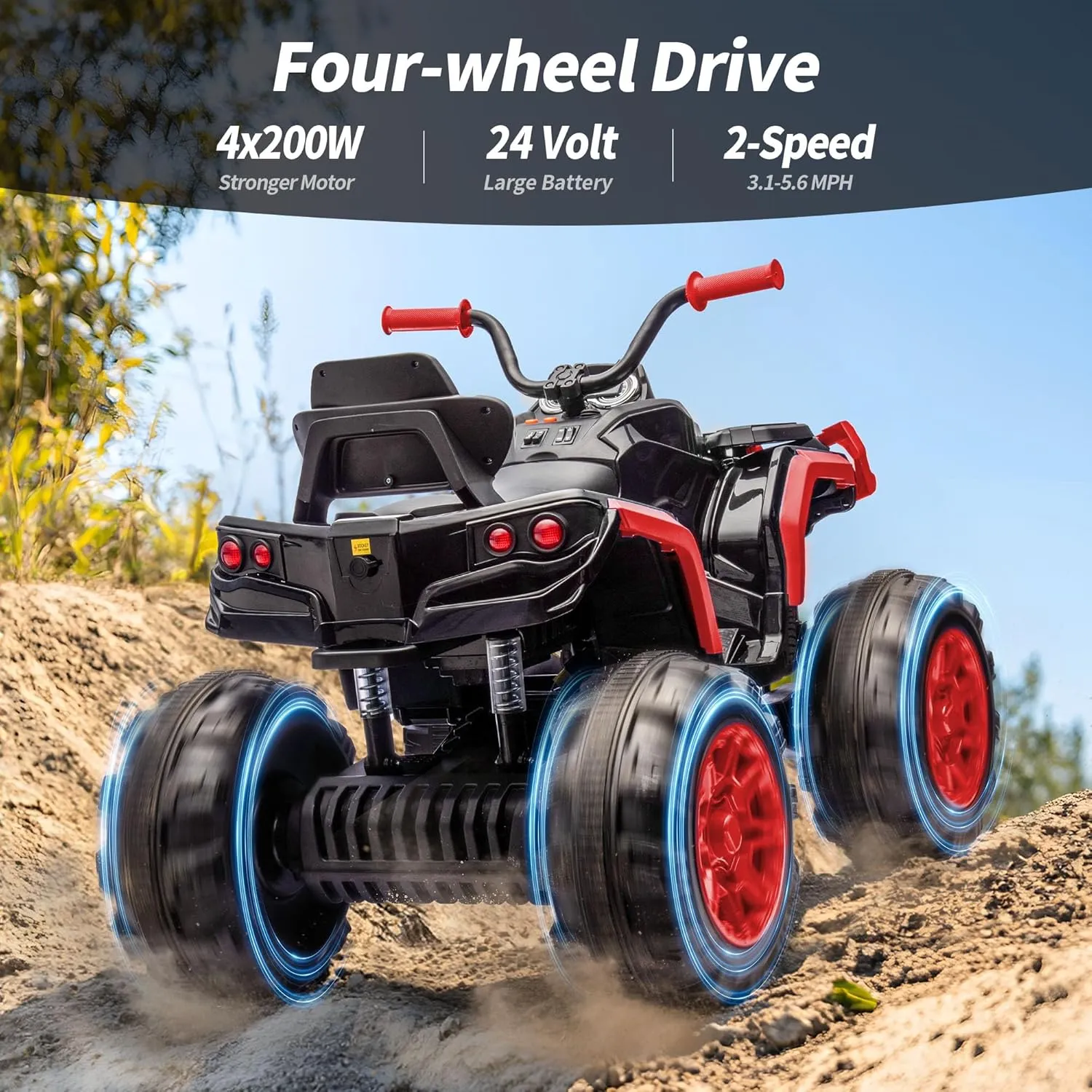 Shark Kids ATV 4 Wheeler, 24V 4WD Electric ATV Ride On Toy for Big Kids, 4X200W Motor, 5.6Mph Max Speed - Red