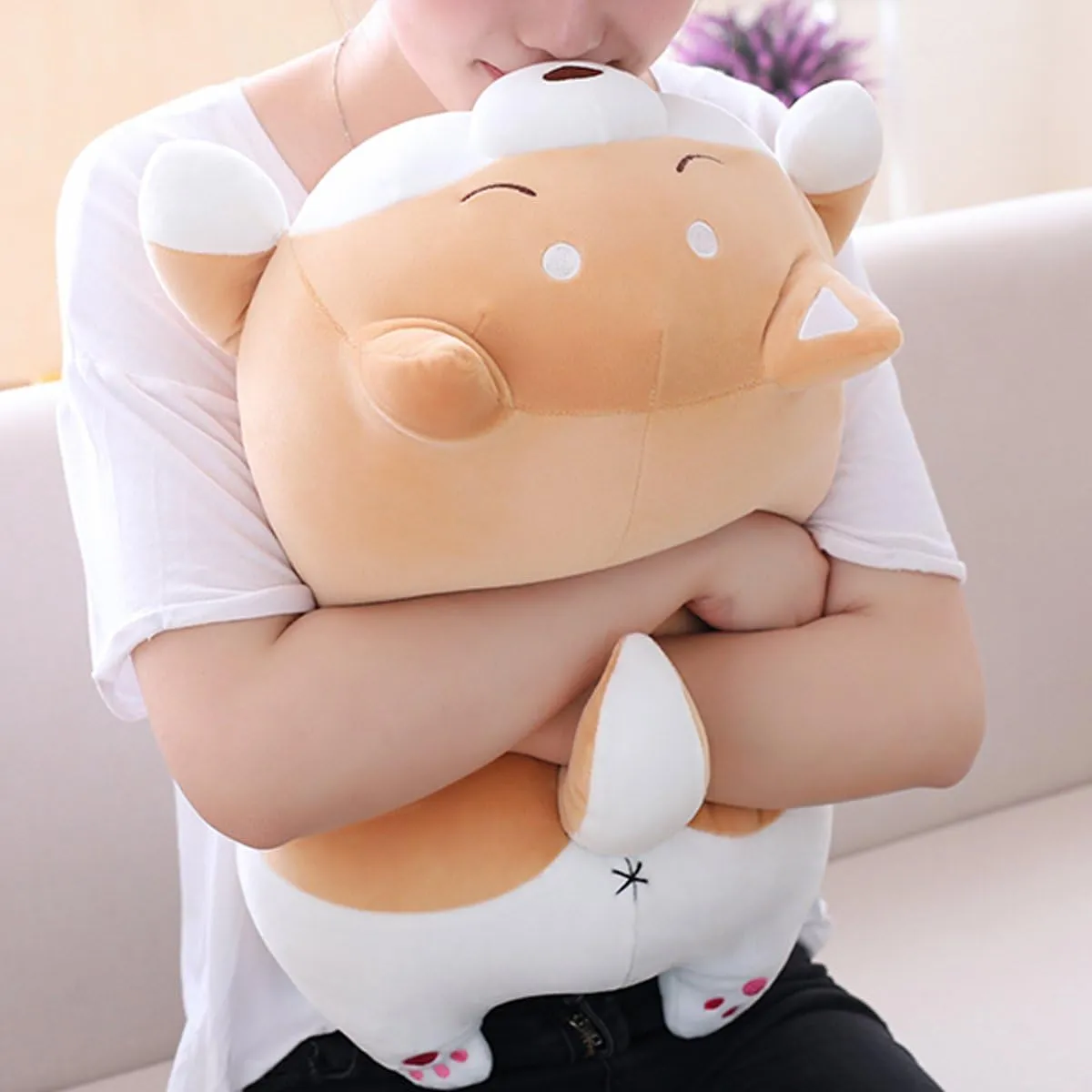 Shiba Inu Dog Plush Pillow, Cute Corgi Akita Stuffed Animals Doll Toy Gifts for Valentine's Gift, Christmas,Sofa Chair, Brown Round Eye, 22.8"