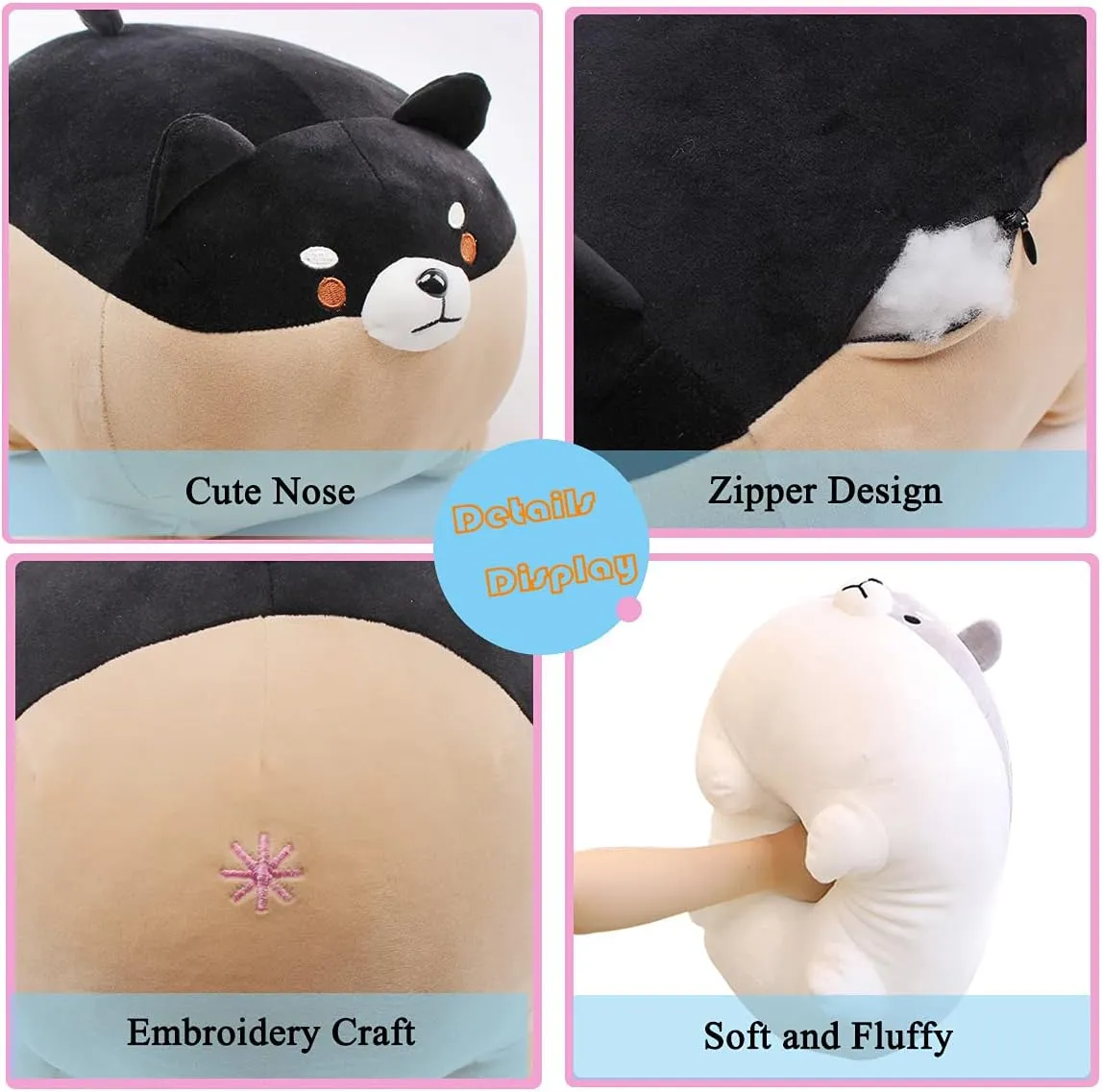 Shiba Inu Plush Toy Corgi Kawaii Dog Hugging Pillow Stuffed Animal Soft Dolls Gift (Black, 19.6 Inches)