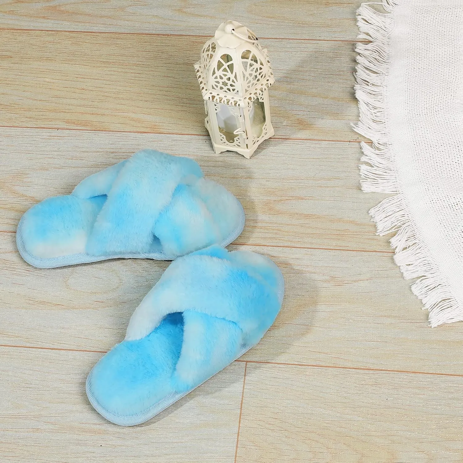 Shoeslocker Girls Cross Band Open Toe Tie Dye Plush House Slippers Nonslip Casual Slippers