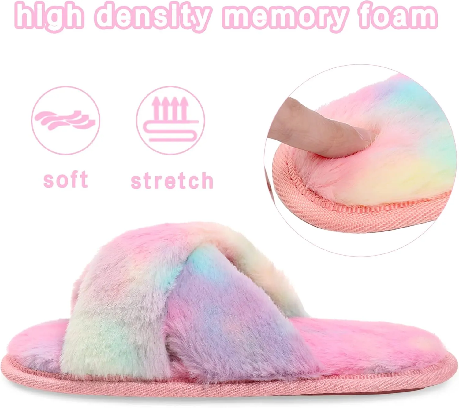 Shoeslocker Girls Cross Band Open Toe Tie Dye Plush House Slippers Nonslip Casual Slippers