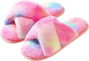 Shoeslocker Girls Cross Band Open Toe Tie Dye Plush House Slippers Nonslip Casual Slippers