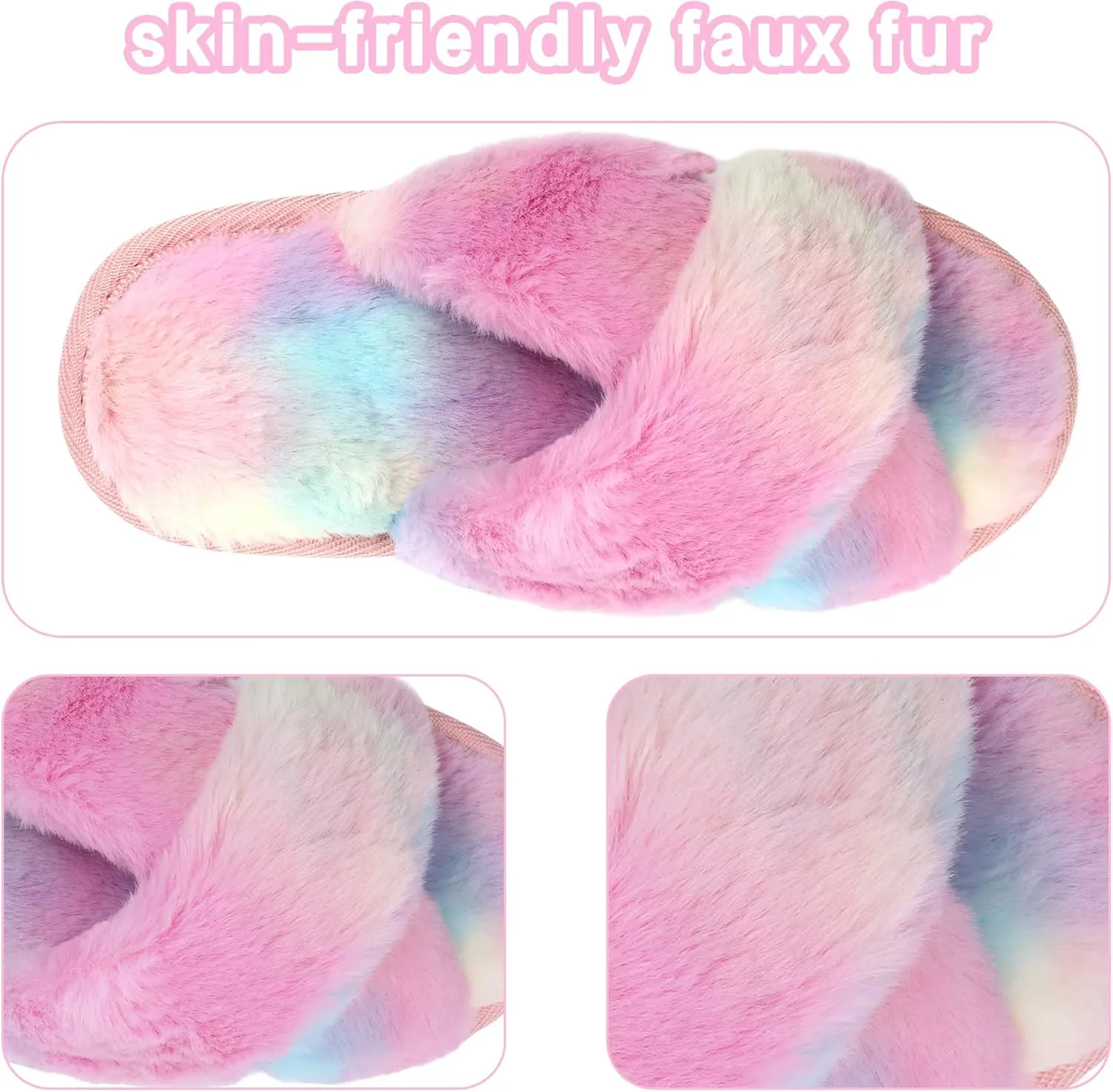 Shoeslocker Girls Cross Band Open Toe Tie Dye Plush House Slippers Nonslip Casual Slippers
