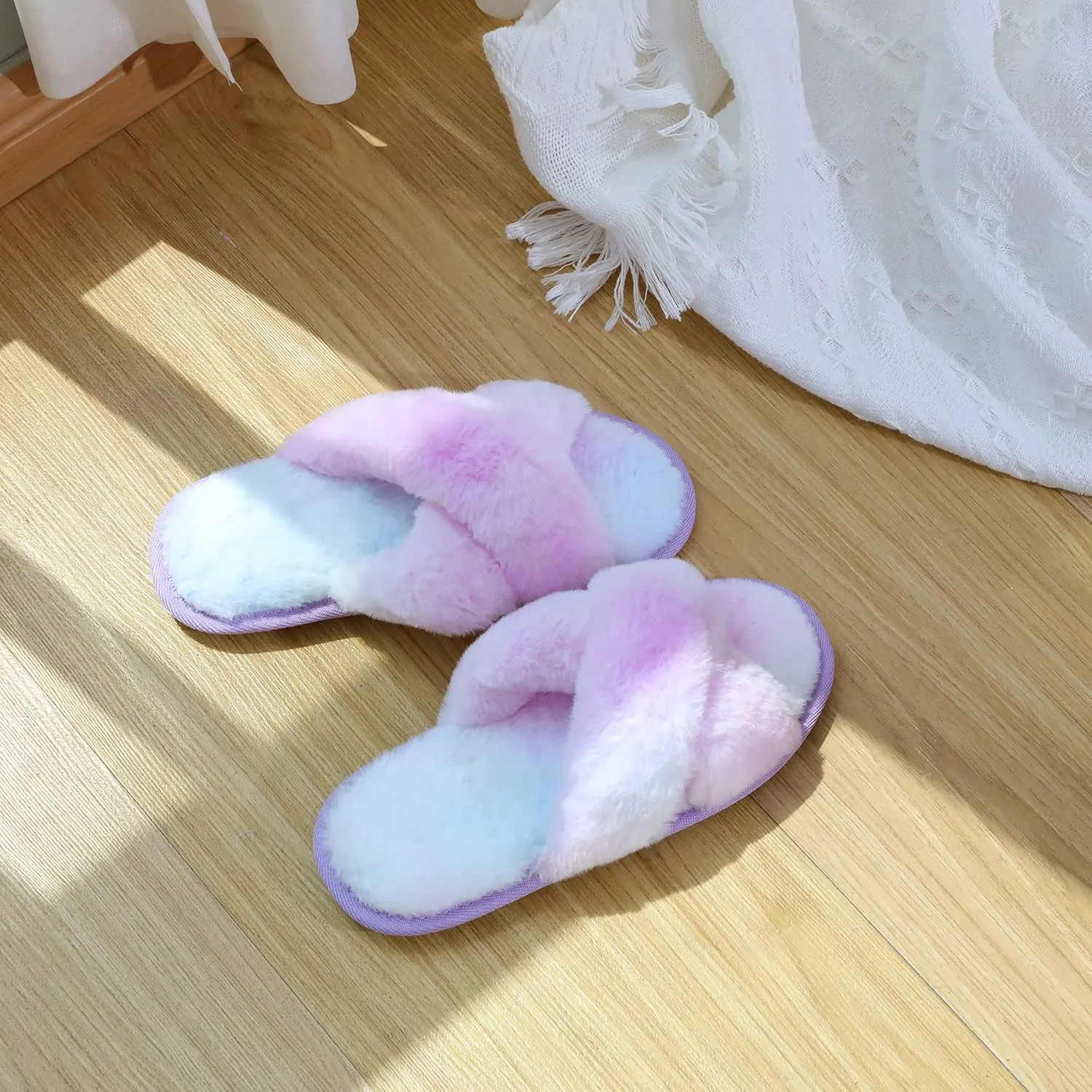 Shoeslocker Girls Cross Band Open Toe Tie Dye Plush House Slippers Nonslip Casual Slippers