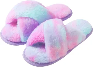 Shoeslocker Girls Cross Band Open Toe Tie Dye Plush House Slippers Nonslip Casual Slippers
