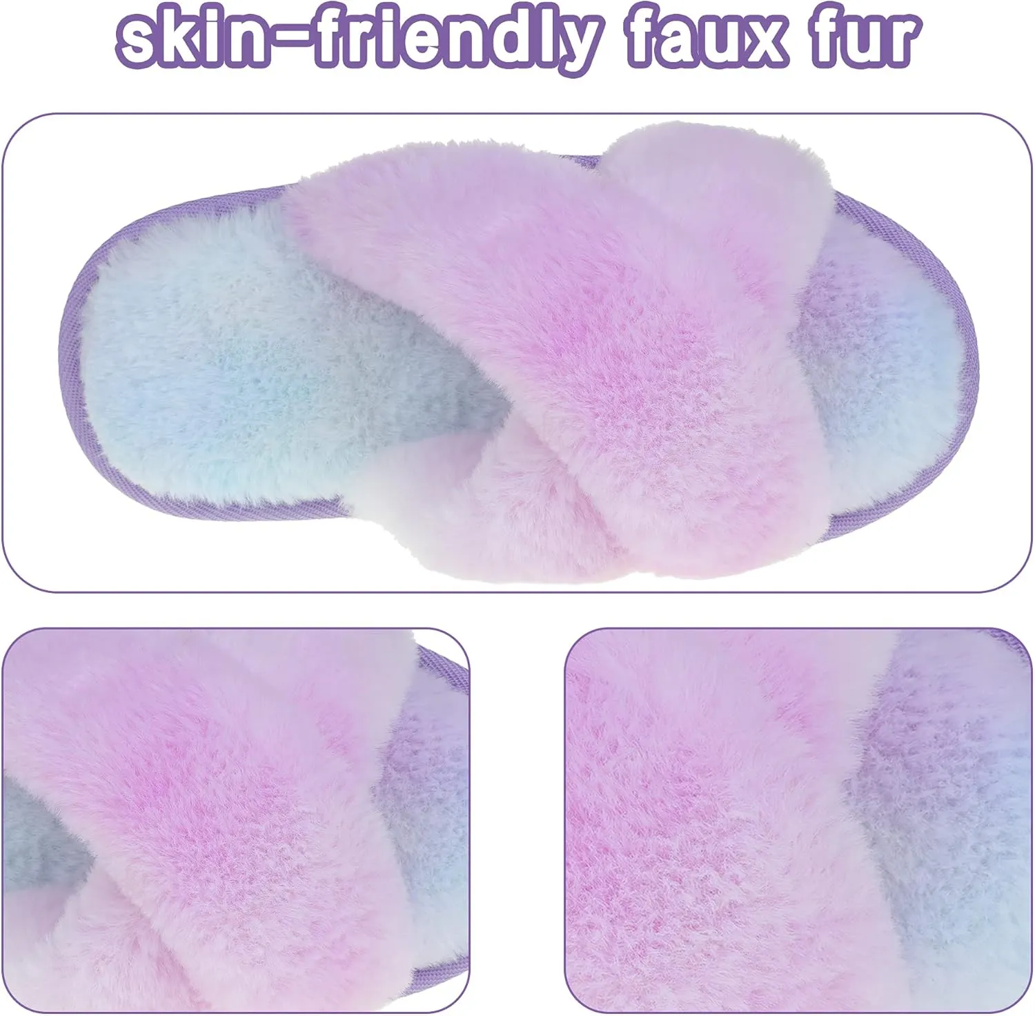 Shoeslocker Girls Cross Band Open Toe Tie Dye Plush House Slippers Nonslip Casual Slippers