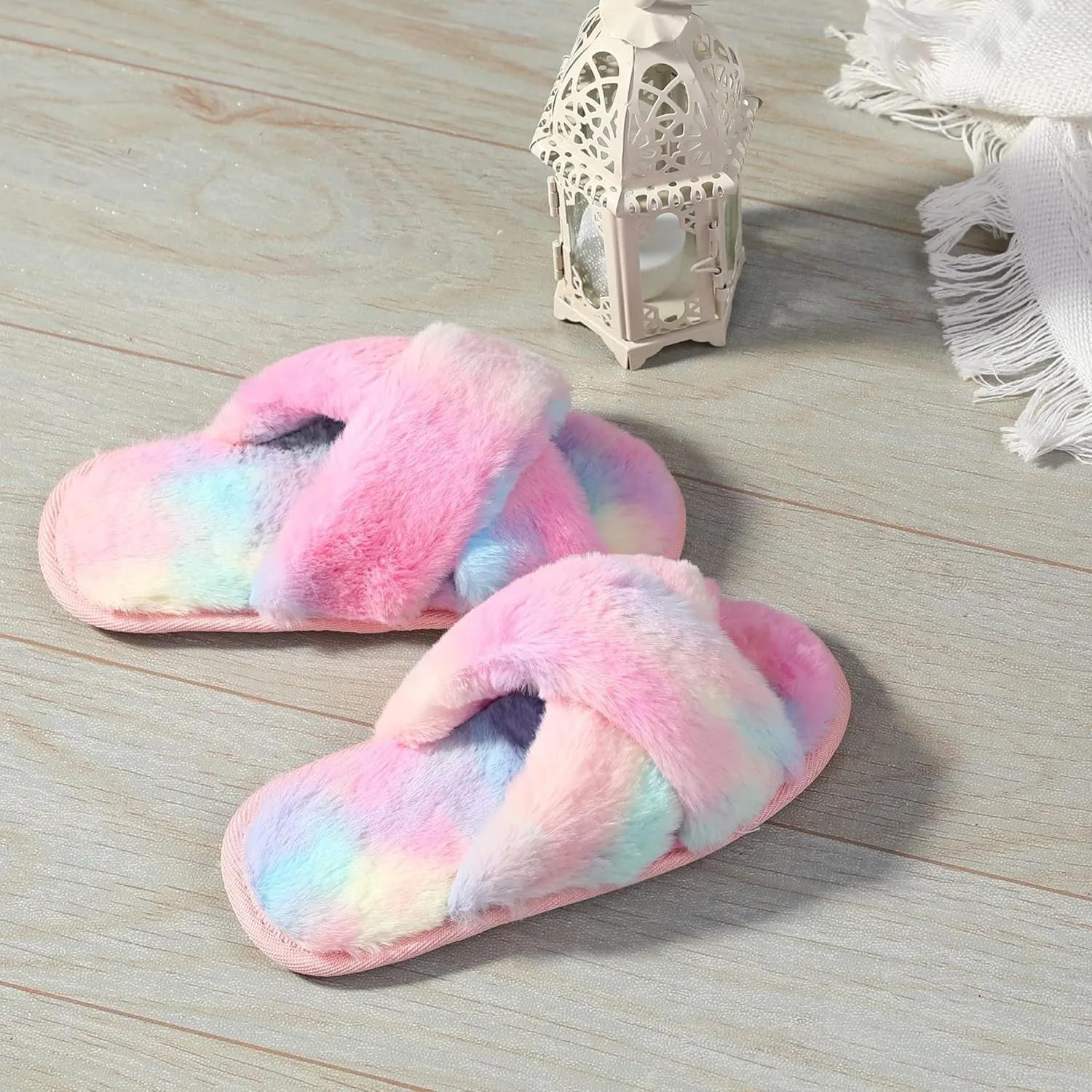 Shoeslocker Girls Cross Band Open Toe Tie Dye Plush House Slippers Nonslip Casual Slippers