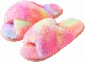 Shoeslocker Girls Cross Band Open Toe Tie Dye Plush House Slippers Nonslip Casual Slippers