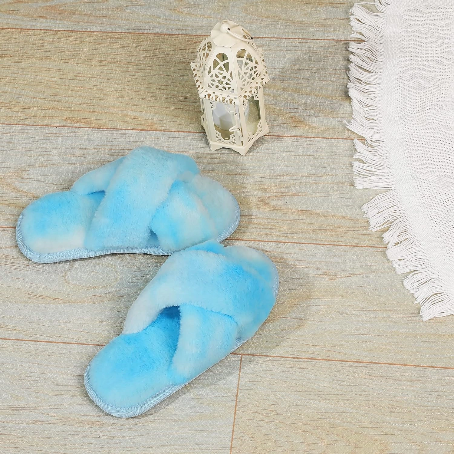 Shoeslocker Girls Cross Band Open Toe Tie Dye Plush House Slippers Nonslip Casual Slippers