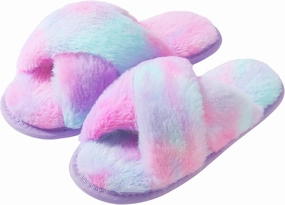 Shoeslocker Girls Cross Band Open Toe Tie Dye Plush House Slippers Nonslip Casual Slippers