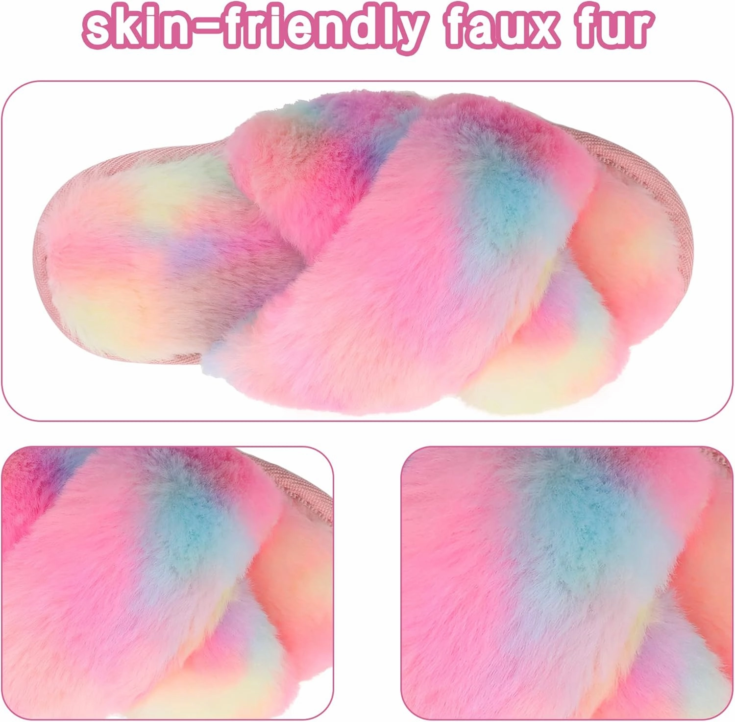 Shoeslocker Girls Cross Band Open Toe Tie Dye Plush House Slippers Nonslip Casual Slippers