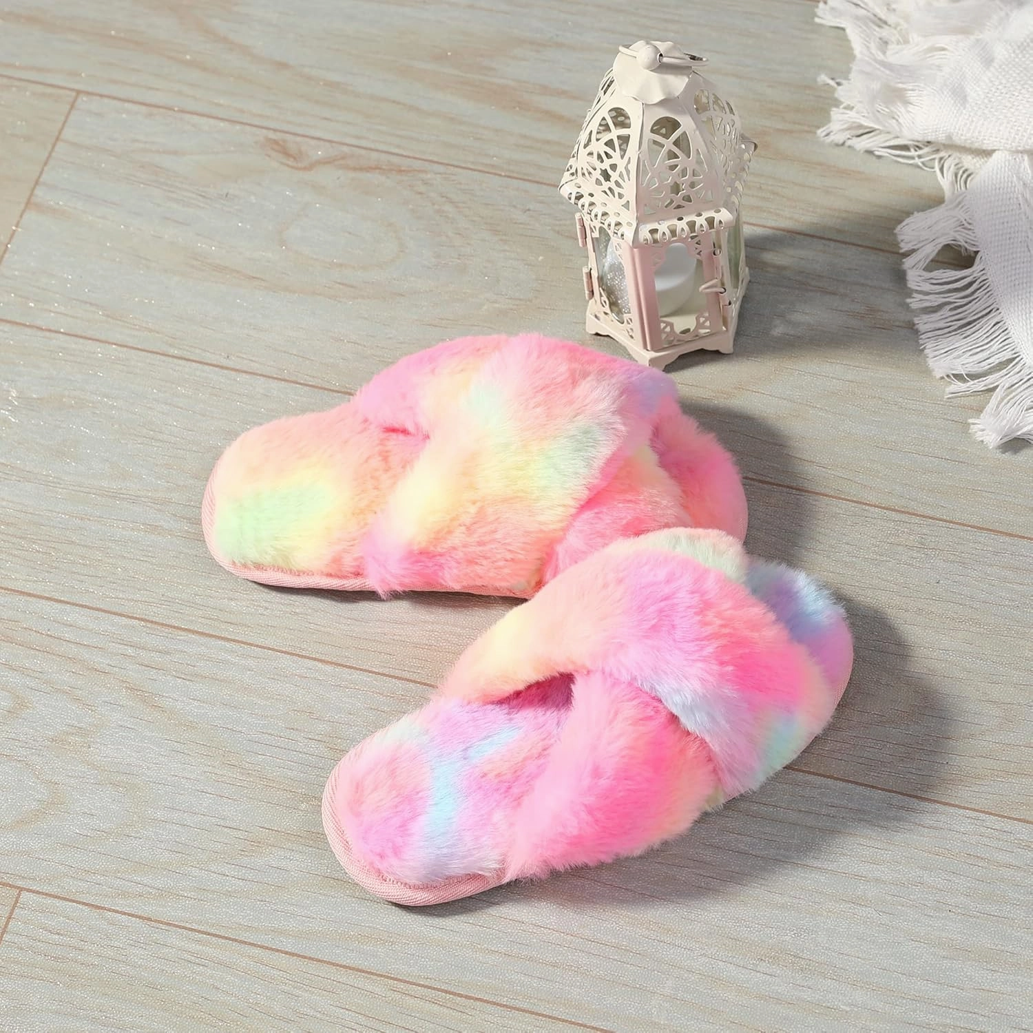 Shoeslocker Girls Cross Band Open Toe Tie Dye Plush House Slippers Nonslip Casual Slippers