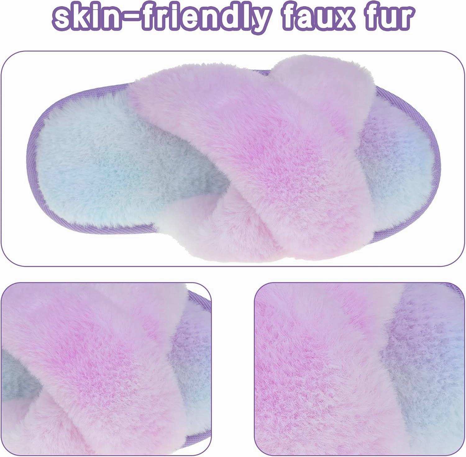 Shoeslocker Girls Cross Band Open Toe Tie Dye Plush House Slippers Nonslip Casual Slippers