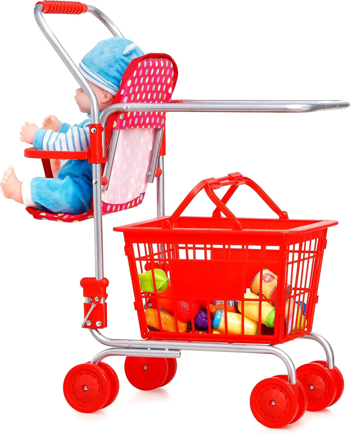 Shop 'N' Go Toy Shopping Cart for Kids and Toddler - Includes Food - Folds for Easy Storage - with Sturdy Metal Frame Pretend Play Food Role Play, Educational Toy (Doll Not Included)