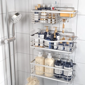 Shower Caddy, 3 Pack Large Capacity Bathroom Organizers and Storage, No Drilling Adhesive Rustproof Shelves with Soap Holder, Home Decor, Silver