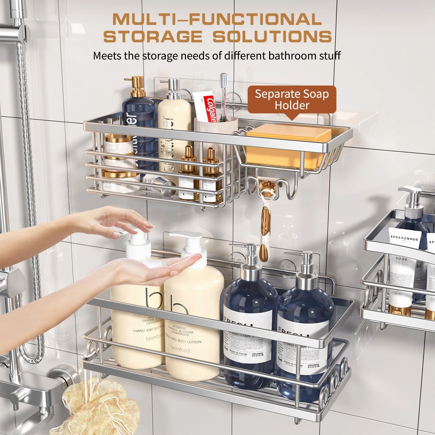 Shower Caddy, 3 Pack Large Capacity Bathroom Organizers and Storage, No Drilling Adhesive Rustproof Shelves with Soap Holder, Home Decor, Silver