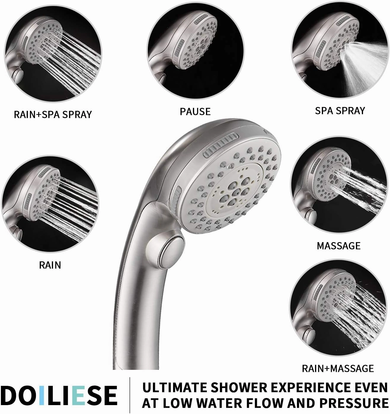 Shower Head, High Pressure 6 Setting Shower Head Hand-Held with ON/OFF Switch and Spa Spray Mode - Shower Heads with Handheld Spray High Pressure - Brushed Nickel