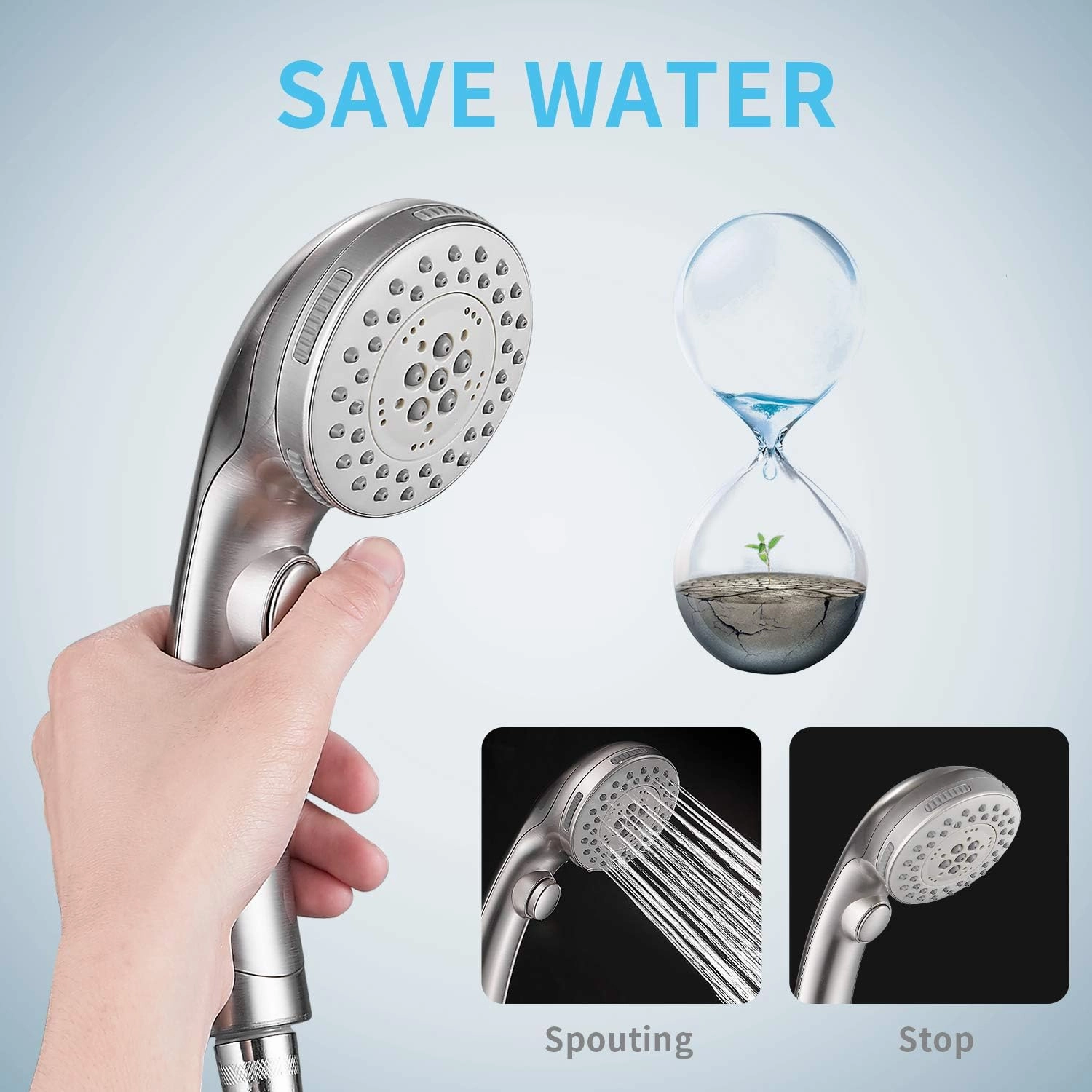 Shower Head, High Pressure 6 Setting Shower Head Hand-Held with ON/OFF Switch and Spa Spray Mode - Shower Heads with Handheld Spray High Pressure - Brushed Nickel