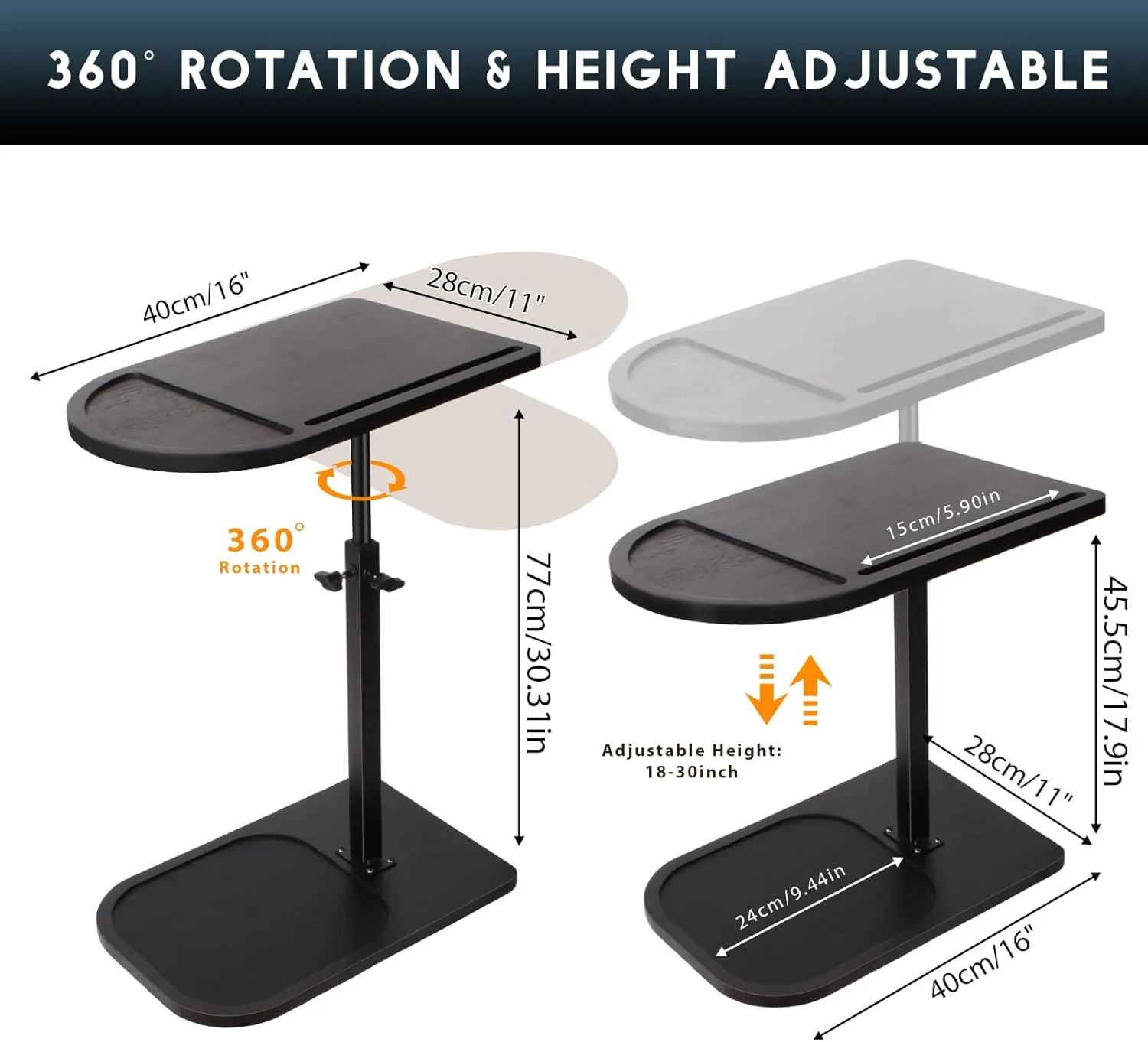 Side Table Sofa Tray for Couch - Adjustable/360° Swivel TV Tray Tables with Phone & Tablet Slot, Small Spaces Snack Trays C-Shaped End Table for Bed, Living Room, Office (Black)