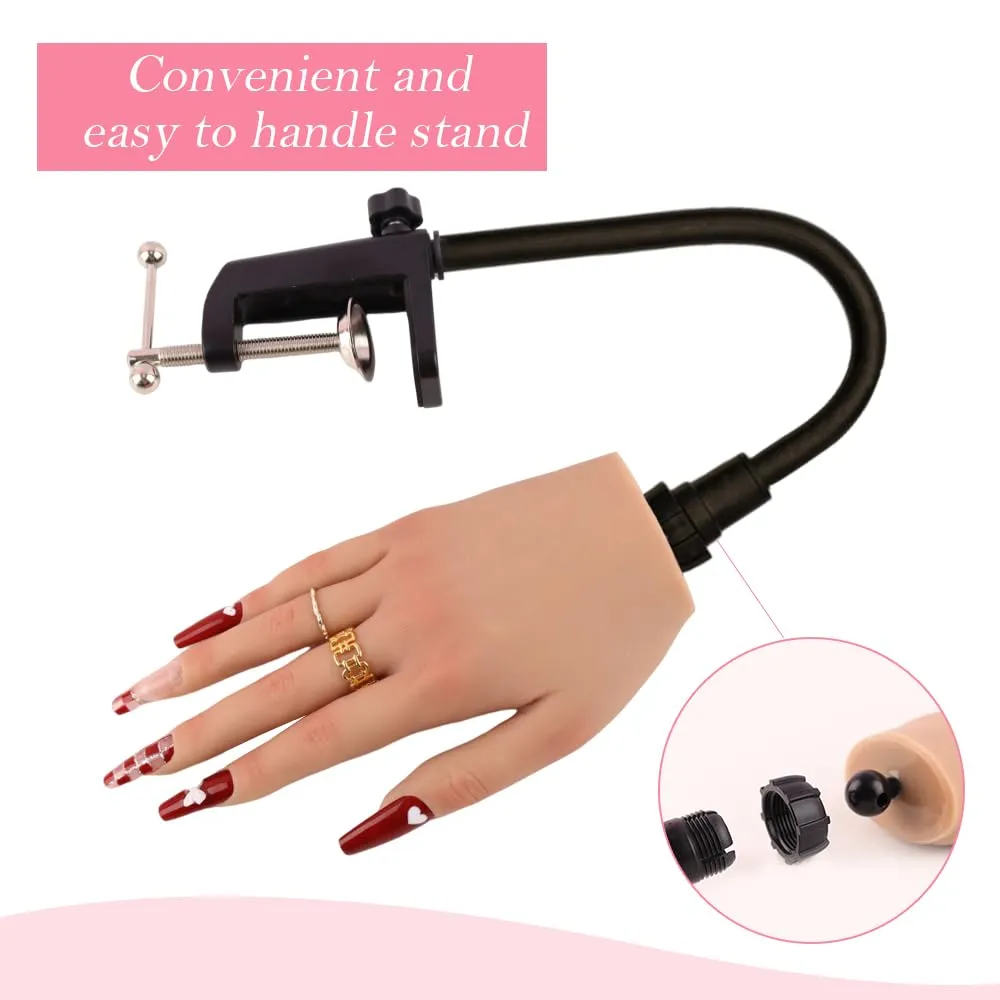 Silicone Practice Hand for Acrylic Nails with Stand Bracket,Flexible Fingers Fake Training Hand False Mannequin Hands for Nail Practice (Light Color,Left)