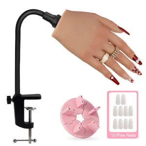 Silicone Practice Hand for Acrylic Nails with Stand Bracket,Flexible Fingers Fake Training Hand False Mannequin Hands for Nail Practice (Light Color,Left)