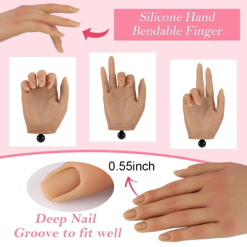 Silicone Practice Hand for Acrylic Nails with Stand Bracket,Flexible Fingers Fake Training Hand False Mannequin Hands for Nail Practice (Light Color,Left)
