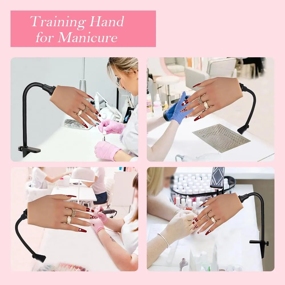 Silicone Practice Hand for Acrylic Nails with Stand Bracket,Flexible Fingers Fake Training Hand False Mannequin Hands for Nail Practice (Light Color,Left)