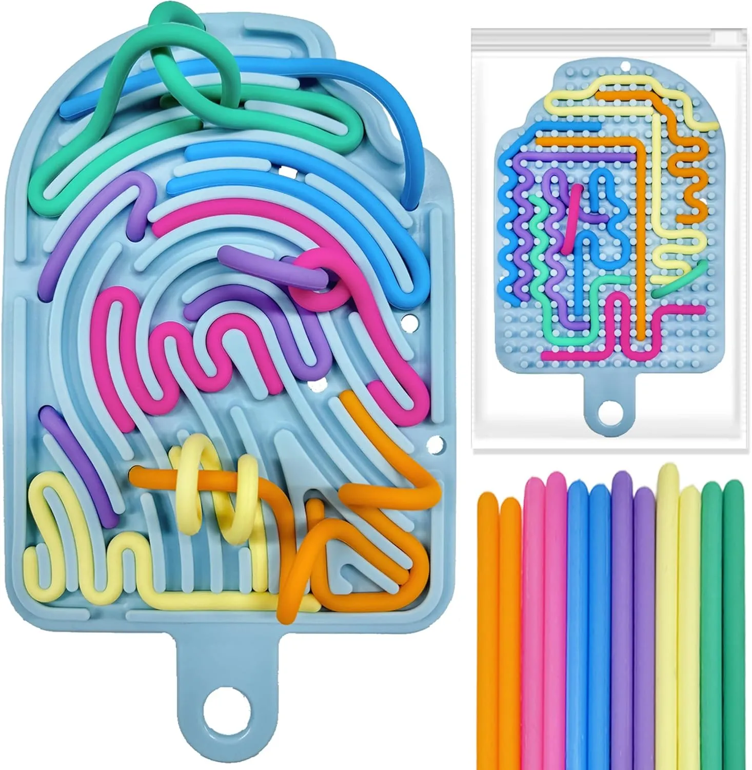 Silicone Sensory Activity Board, Double-Side Fidget Toy for Anxiety, Stress, ADHD, Autism and Calming, Silent, No Mess, Sensory Board with Portable Travel Bag & 12 Strings, Kids 3  & Adult, Blue