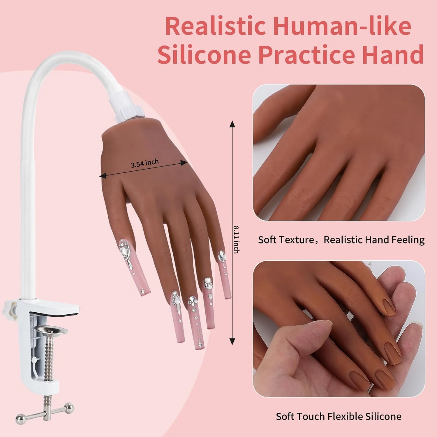 Silicone Practice Hand for Acrylic Nails: Soft Touch Liquid Silicone - Flexible Realistic Nail Mannequin Hand Practice for Training (BROWN)