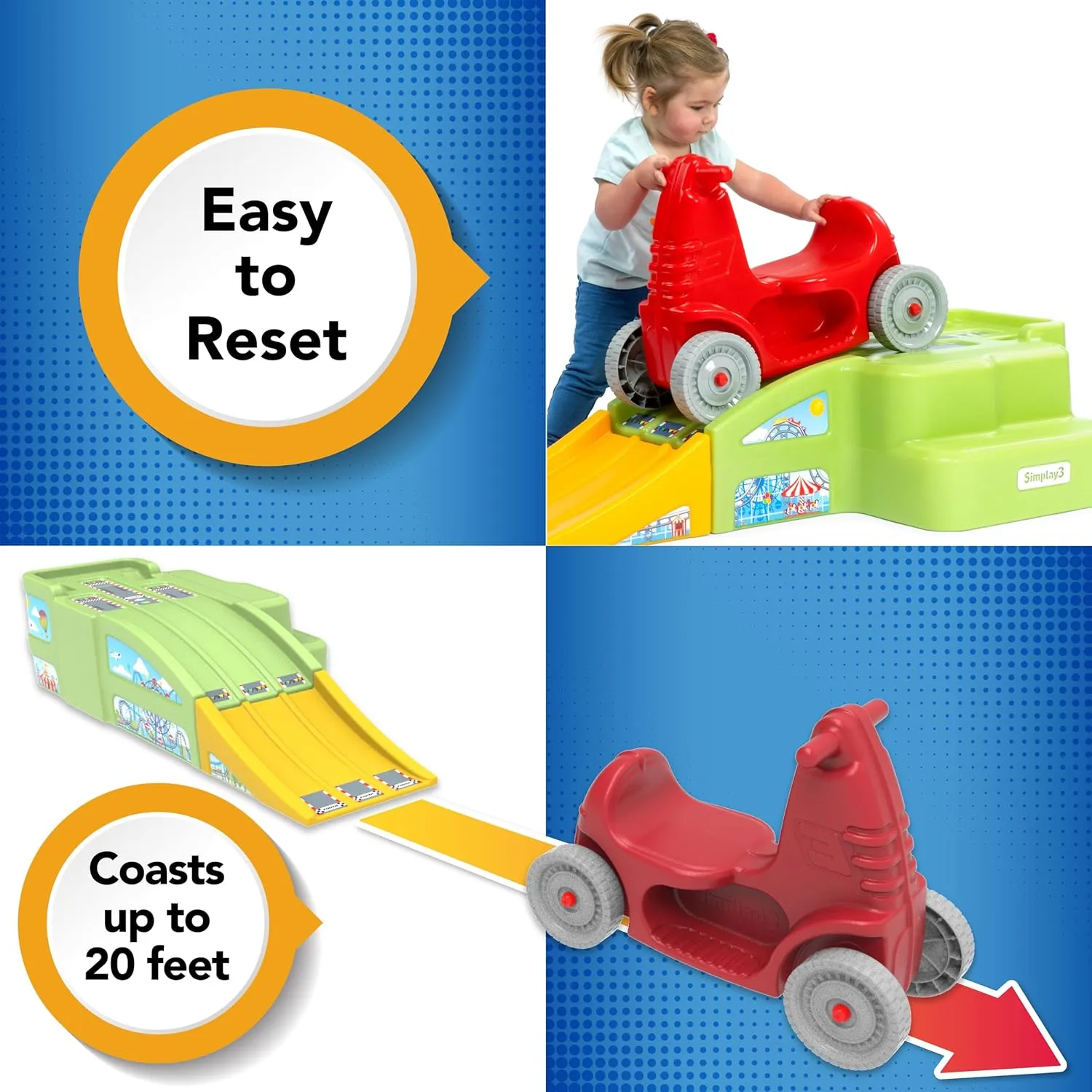 Simplay3 Deluxe Race and Ride Kids Downhill Roller Coaster and Racetrack with Cars, Indoor-Outdoor Ride-on Toy, includes Two Toy Race Cars and Amusement Park Decals, Ages 2-5 Years, Made in The USA