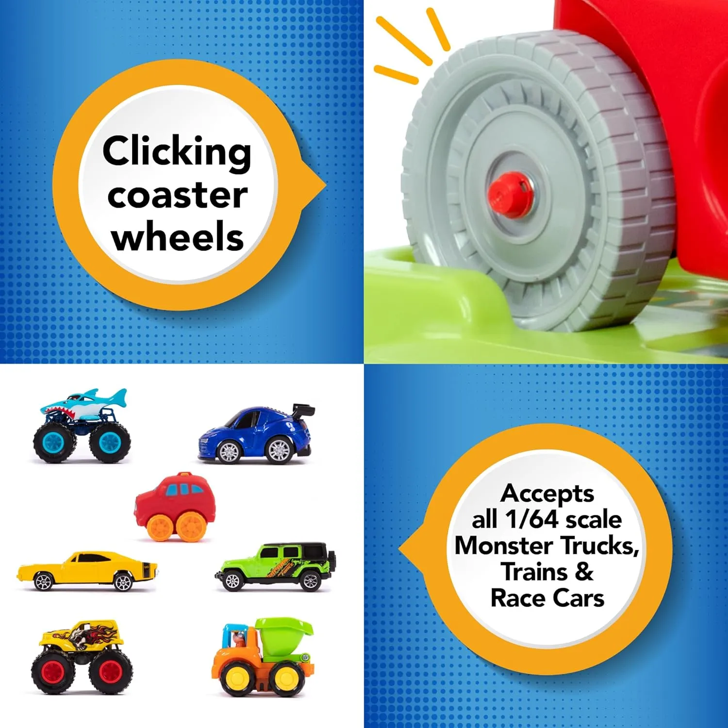 Simplay3 Deluxe Race and Ride Kids Downhill Roller Coaster and Racetrack with Cars, Indoor-Outdoor Ride-on Toy, includes Two Toy Race Cars and Amusement Park Decals, Ages 2-5 Years, Made in The USA