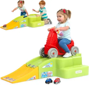 Simplay3 Deluxe Race and Ride Kids Downhill Roller Coaster and Racetrack with Cars, Indoor-Outdoor Ride-on Toy, includes Two Toy Race Cars and Amusement Park Decals, Ages 2-5 Years, Made in The USA