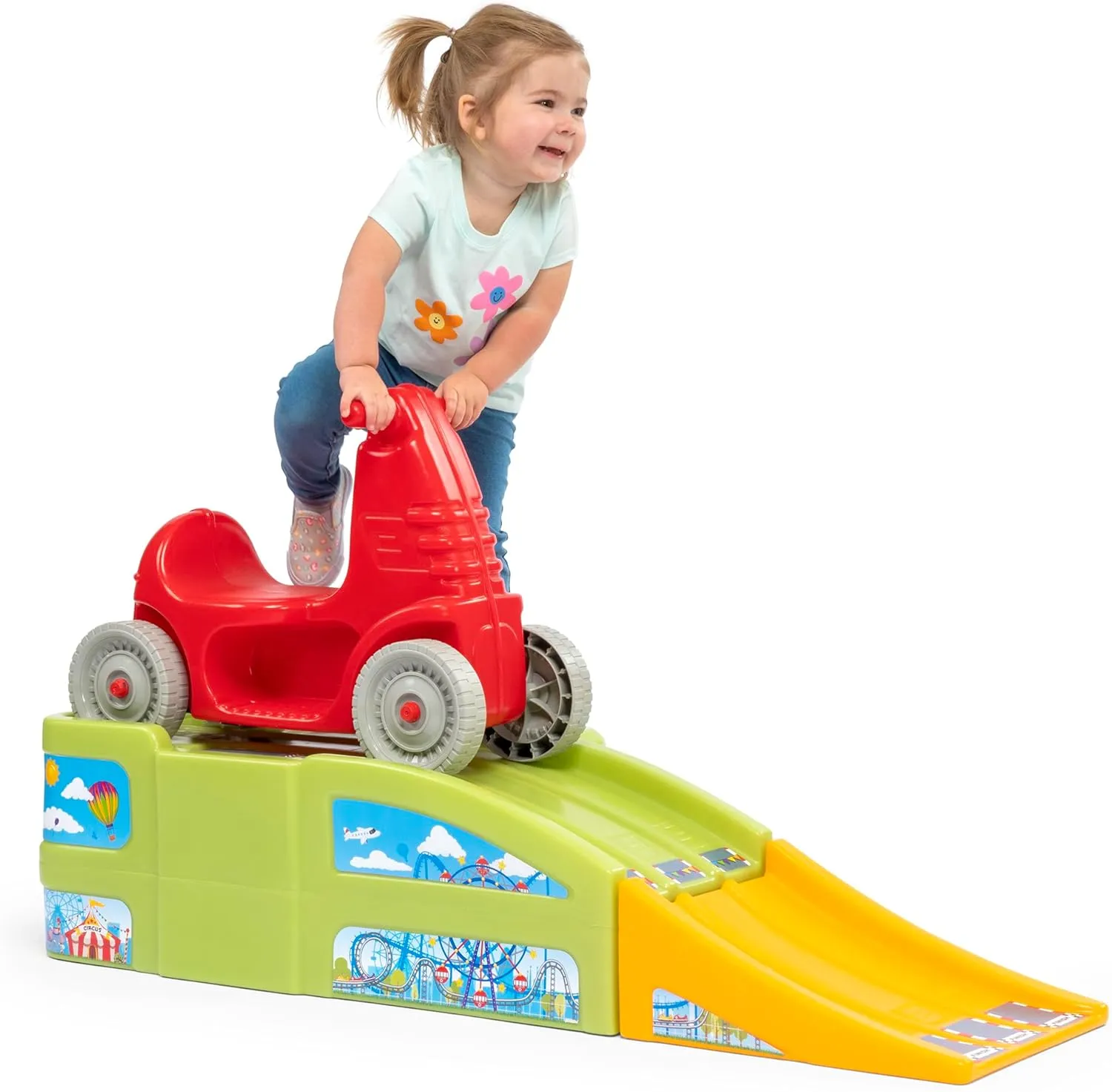 Simplay3 Deluxe Race and Ride Kids Downhill Roller Coaster and Racetrack with Cars, Indoor-Outdoor Ride-on Toy, includes Two Toy Race Cars and Amusement Park Decals, Ages 2-5 Years, Made in The USA