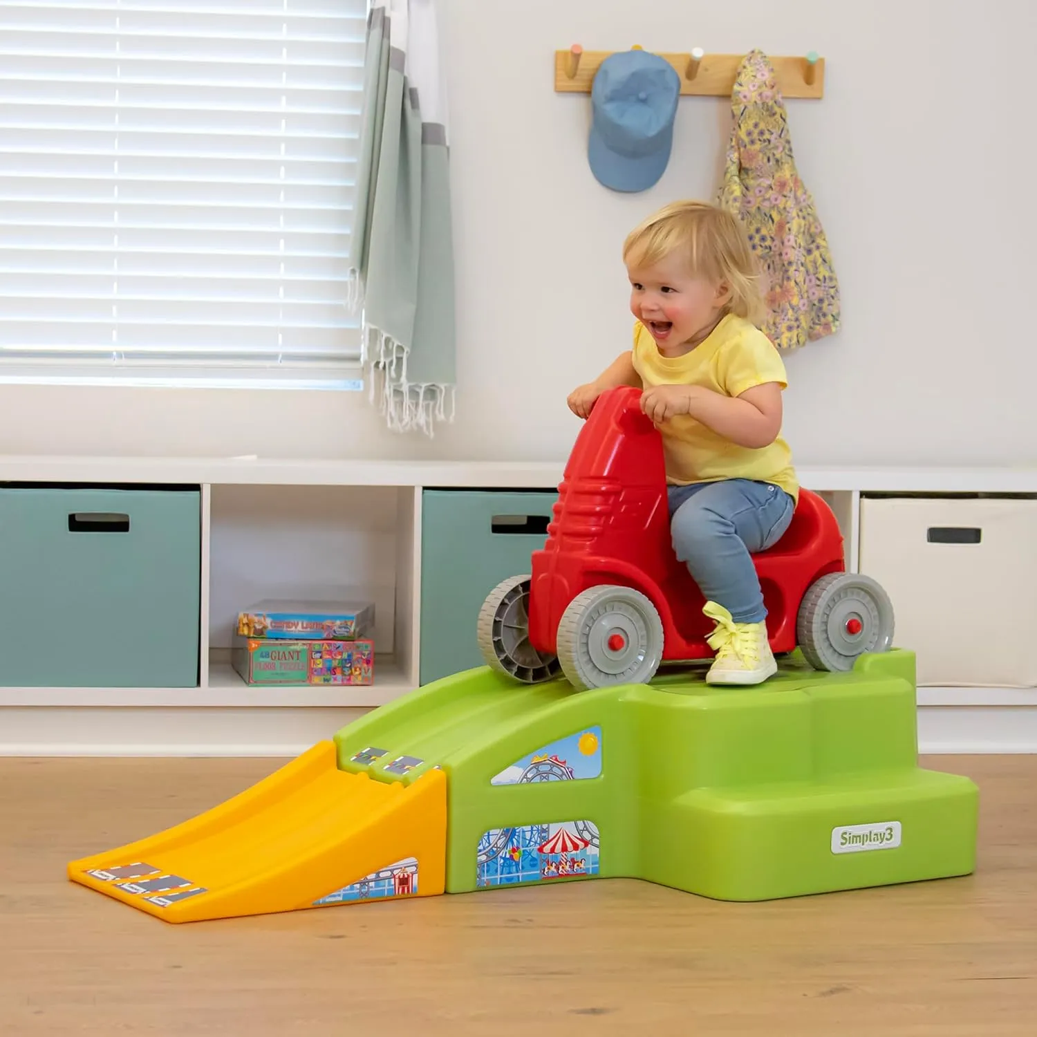 Simplay3 Deluxe Race and Ride Kids Downhill Roller Coaster and Racetrack with Cars, Indoor-Outdoor Ride-on Toy, includes Two Toy Race Cars and Amusement Park Decals, Ages 2-5 Years, Made in The USA