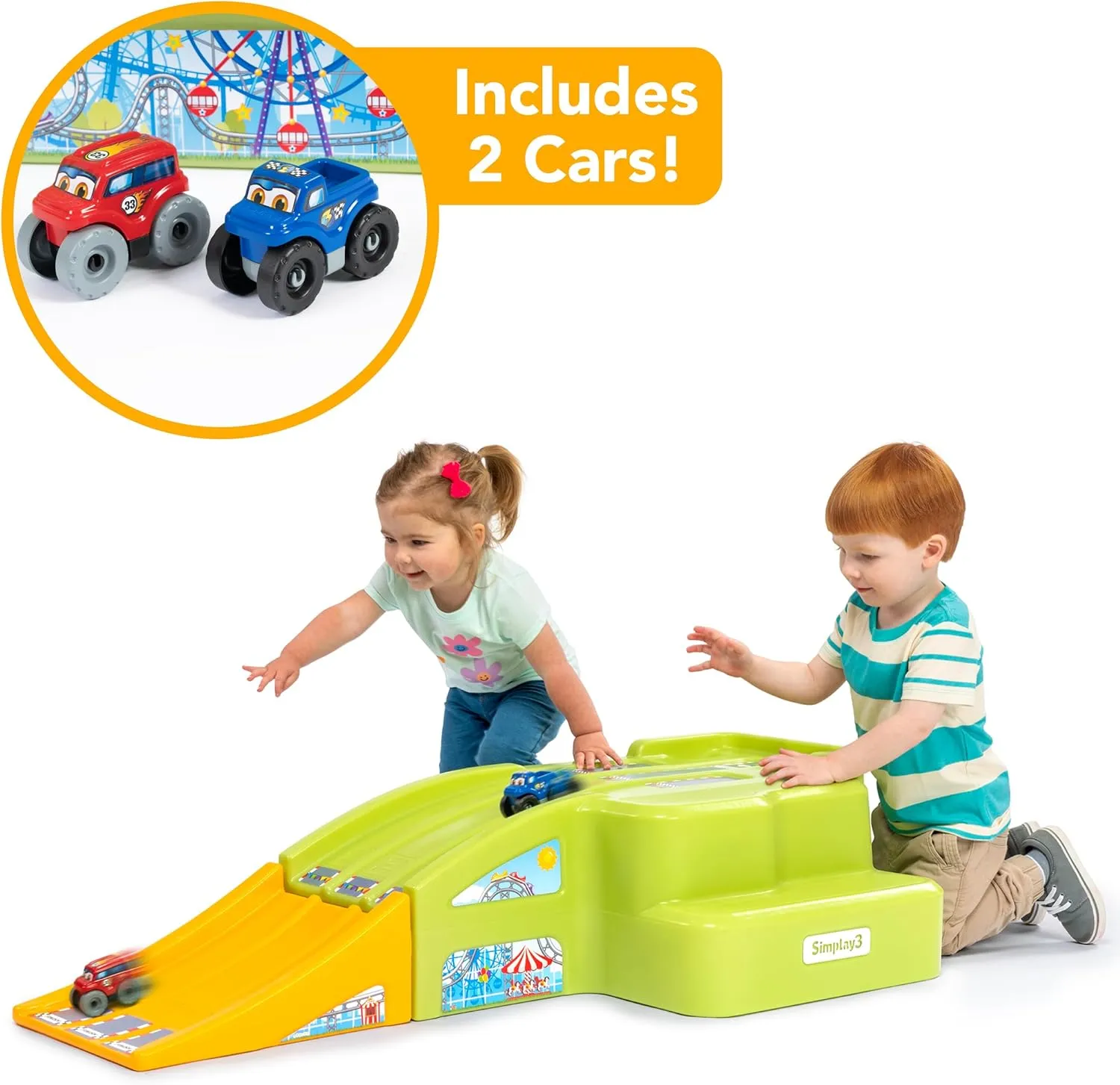 Simplay3 Deluxe Race and Ride Kids Downhill Roller Coaster and Racetrack with Cars, Indoor-Outdoor Ride-on Toy, includes Two Toy Race Cars and Amusement Park Decals, Ages 2-5 Years, Made in The USA