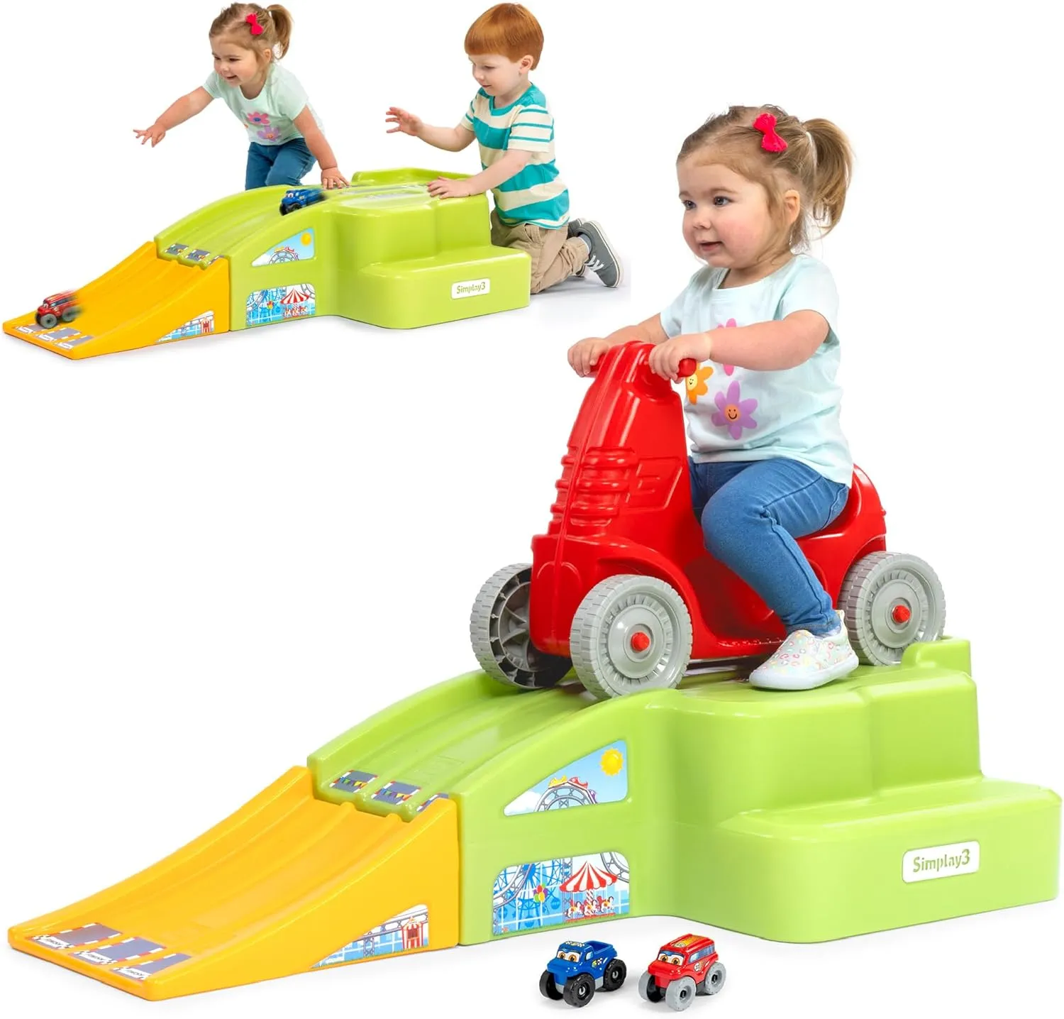 Simplay3 Deluxe Race and Ride Kids Downhill Roller Coaster and Racetrack with Cars, Indoor-Outdoor Ride-on Toy, includes Two Toy Race Cars and Amusement Park Decals, Ages 2-5 Years, Made in The USA