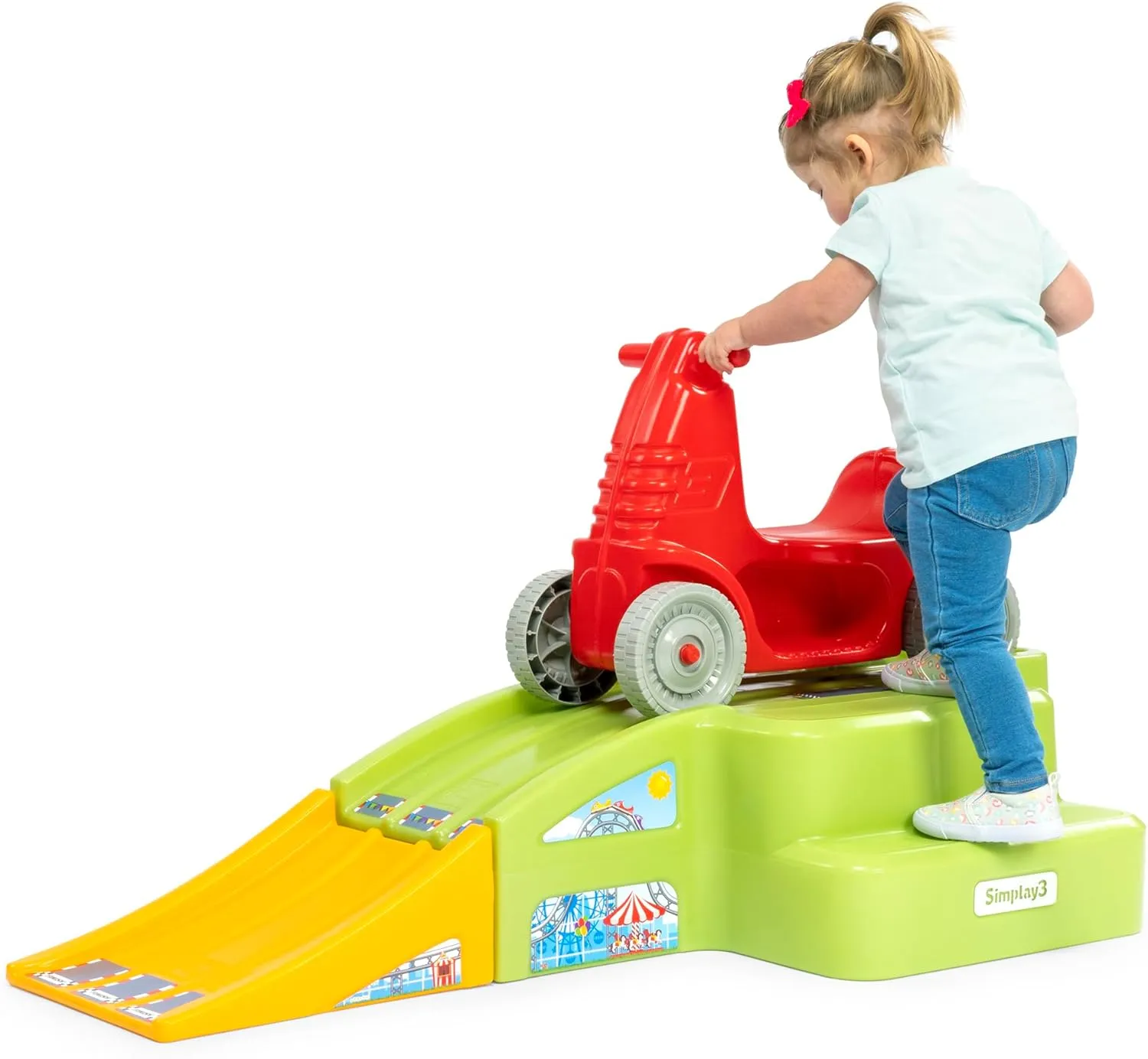 Simplay3 Deluxe Race and Ride Kids Downhill Roller Coaster and Racetrack with Cars, Indoor-Outdoor Ride-on Toy, includes Two Toy Race Cars and Amusement Park Decals, Ages 2-5 Years, Made in The USA