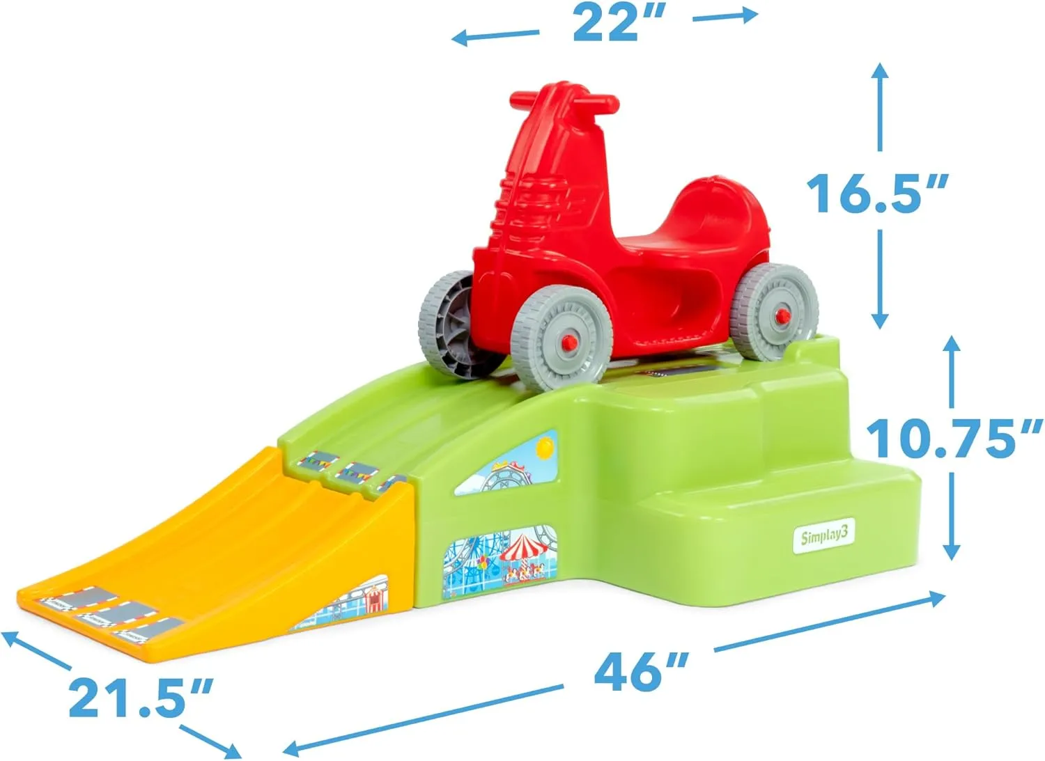 Simplay3 Deluxe Race and Ride Kids Downhill Roller Coaster and Racetrack with Cars, Indoor-Outdoor Ride-on Toy, includes Two Toy Race Cars and Amusement Park Decals, Ages 2-5 Years, Made in The USA