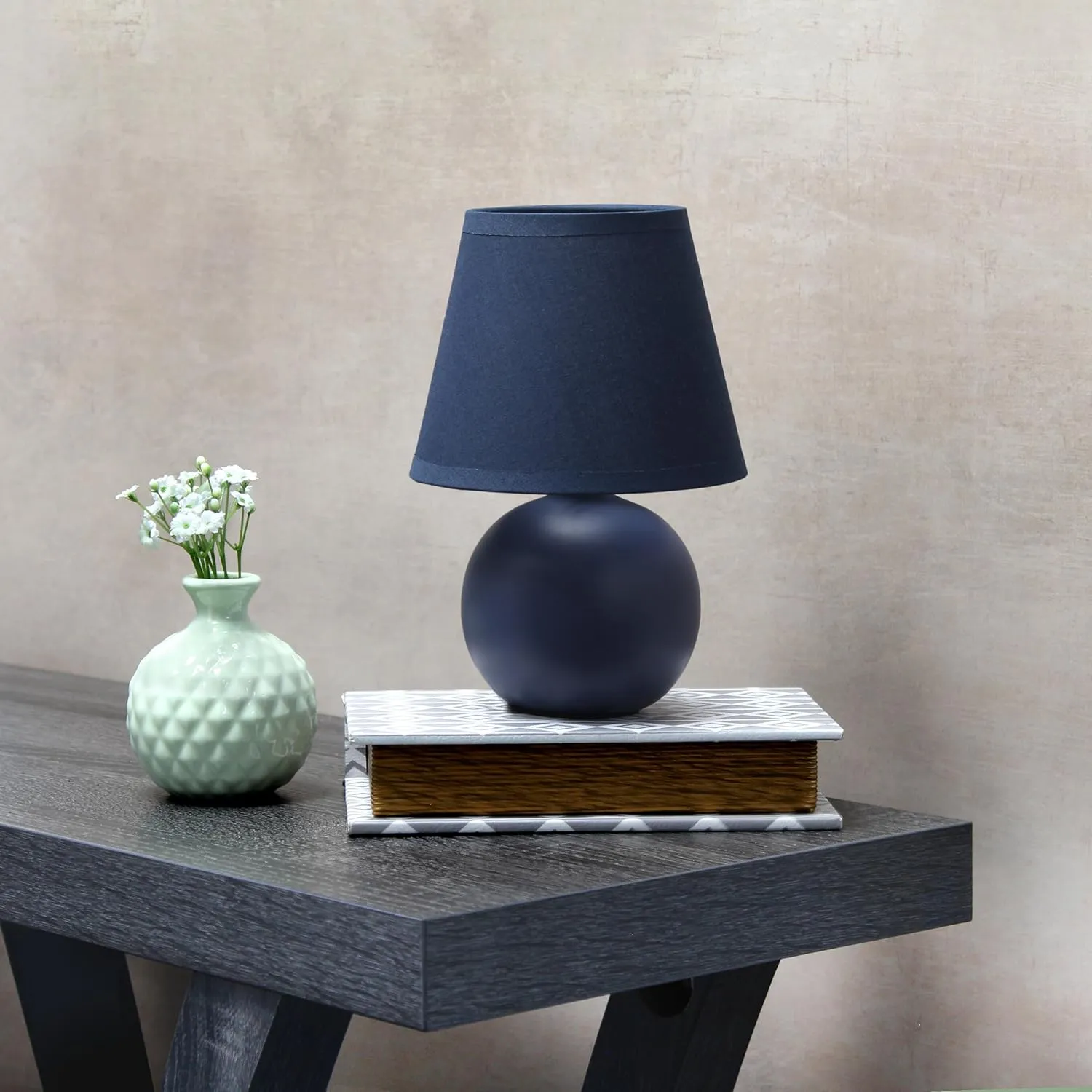 Simple Designs LT1196-BLU-2PK 8.66" 2-Pack Chic Little Globe Ceramic Table Lamp Set with Matching Tapered Shade, for Living Room, Bedroom, Office, Blue