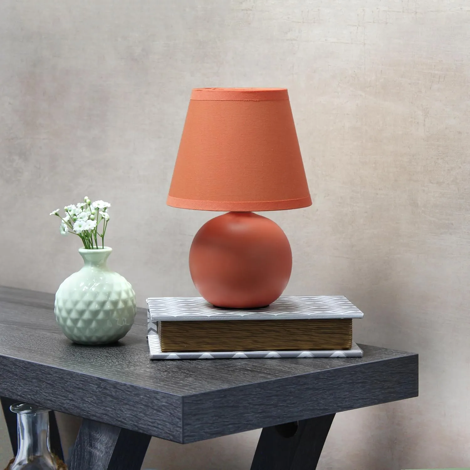 Simple Designs LT1196-ORG-2PK 8.66" 2-Pack Chic Little Globe Ceramic Table Lamp Set with Matching Tapered Shade, for Living Room, Bedroom, Office, Orange