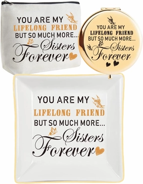 Sisters Gifts from Sister,Sister Friend Gifts for Women,Sister Makeup Mirror,Sister Jewelry Dish,Sister Makeup Bag,Gift for Sisters from Sisters,Friends Like Sisters