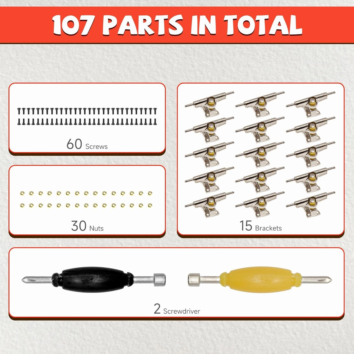 SIXPOINTS 109 Pieces DIY Fingerboard Making Kit -15x 30mm Trucks,60x Screws,30x Nuts,2X Spanner Tool,2X Professional Screw Driver,Compatible with Most Finger Board Trucks Repair Replace Tool