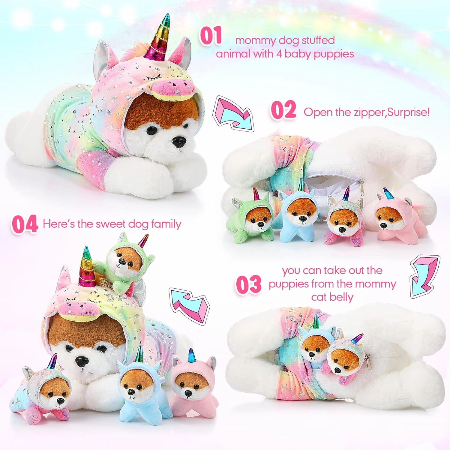 Skylety 5 Pcs Dog Stuffed Animal Puppy Stuffed Animal with Babies Inside 1 Big Mommy with 4 Mini Baby Cute Soft Puppies for Children Birthday Party Adopt a Dog Party Favors(Unicorn Puppies)
