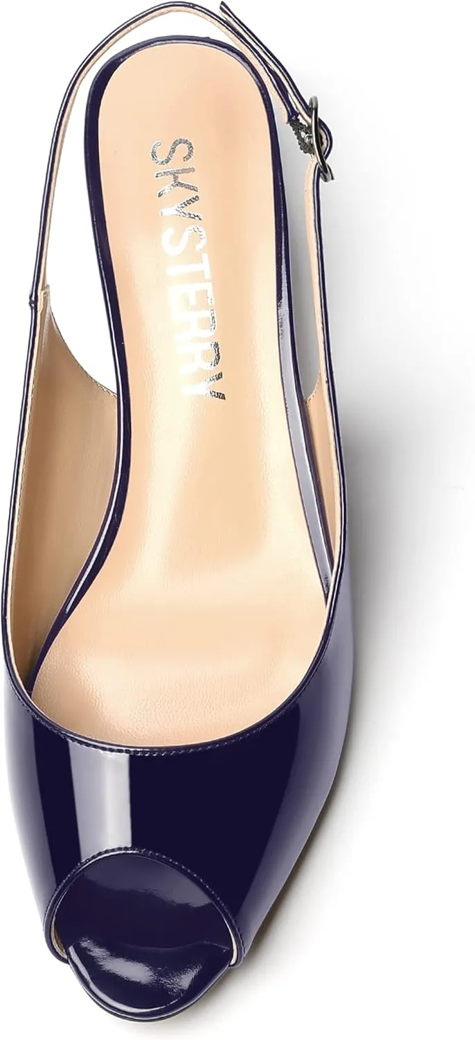SKYSTERRY Womens Patent Slingback Buckle Peep Toe Wedding Cute Spool Low Heel Pumps Shoes 1.5 Inch